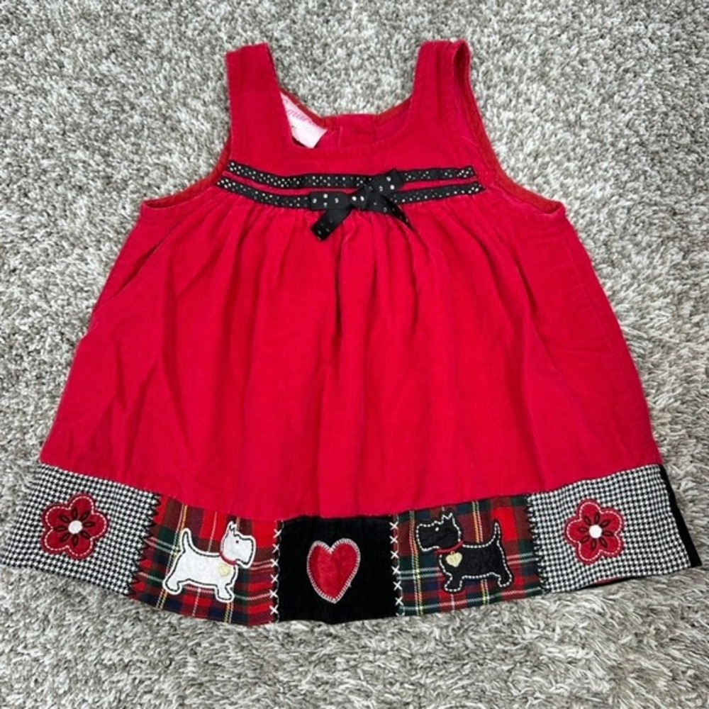 Samara Red Corduroy Dress‎ Scottie Dog Applique Black Bow Baby Girl 18M Adorable